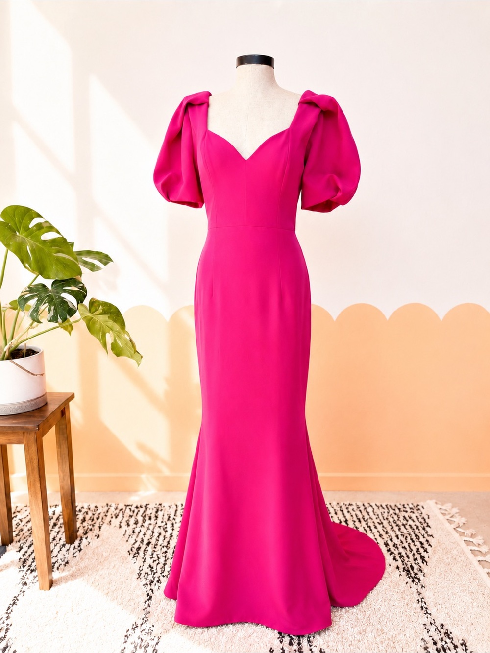 Badgley Mischka Hot Pink Puff-Sleeve Maxi Gown